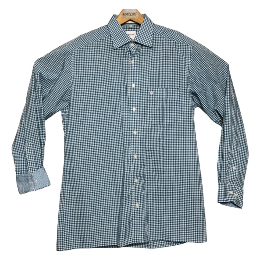 OLYMP LUXOR Blue & White Gingham Plaid w Herringbone Cuff L/S Ctn Btn Down 16/41